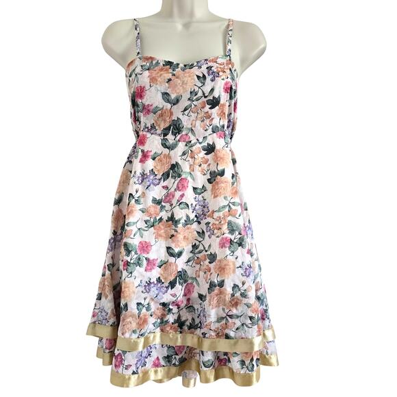 Nas Boutique Dresses & Skirts - Nas Boutique Floral Mini Slip Dress Gold Satin Trim-S Y2K Cottagecore Coquette